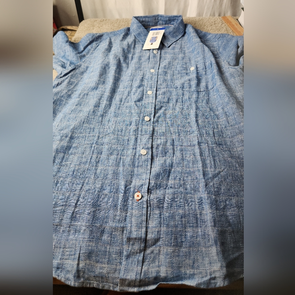 Men's Short Sleeve Linen Blend Blue Shirt - Weatherproof Vintage - L - Picture 4 of 12